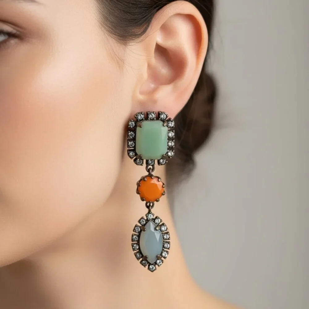 J. Crew Stone Drop Dangle Earrings - Green, Orange & Gray Rhinestone